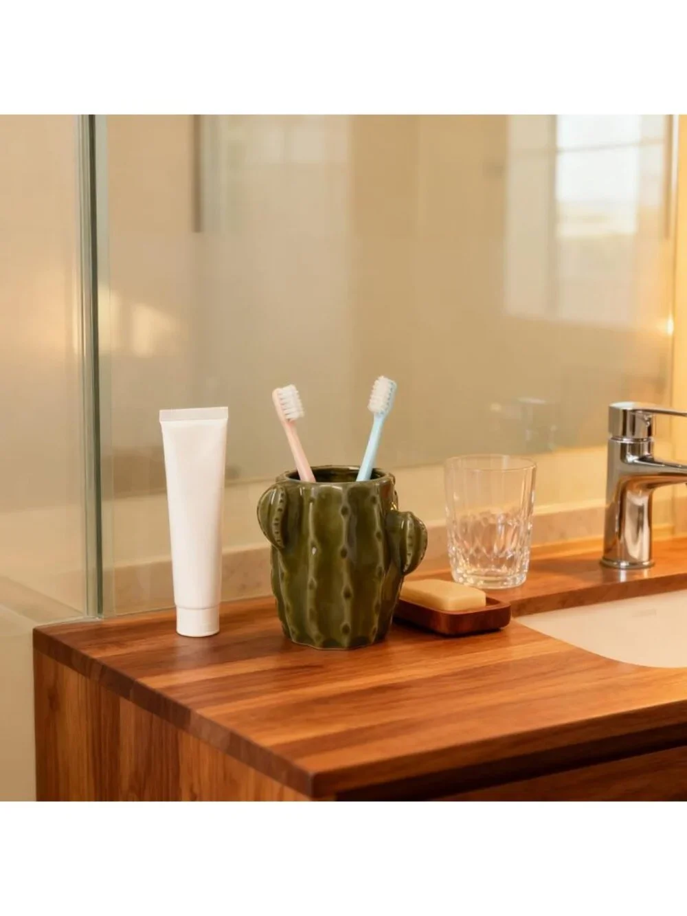 Green Ceramic Cactus Toothbrush Holder - Fun Western Bathroom Decor Accent